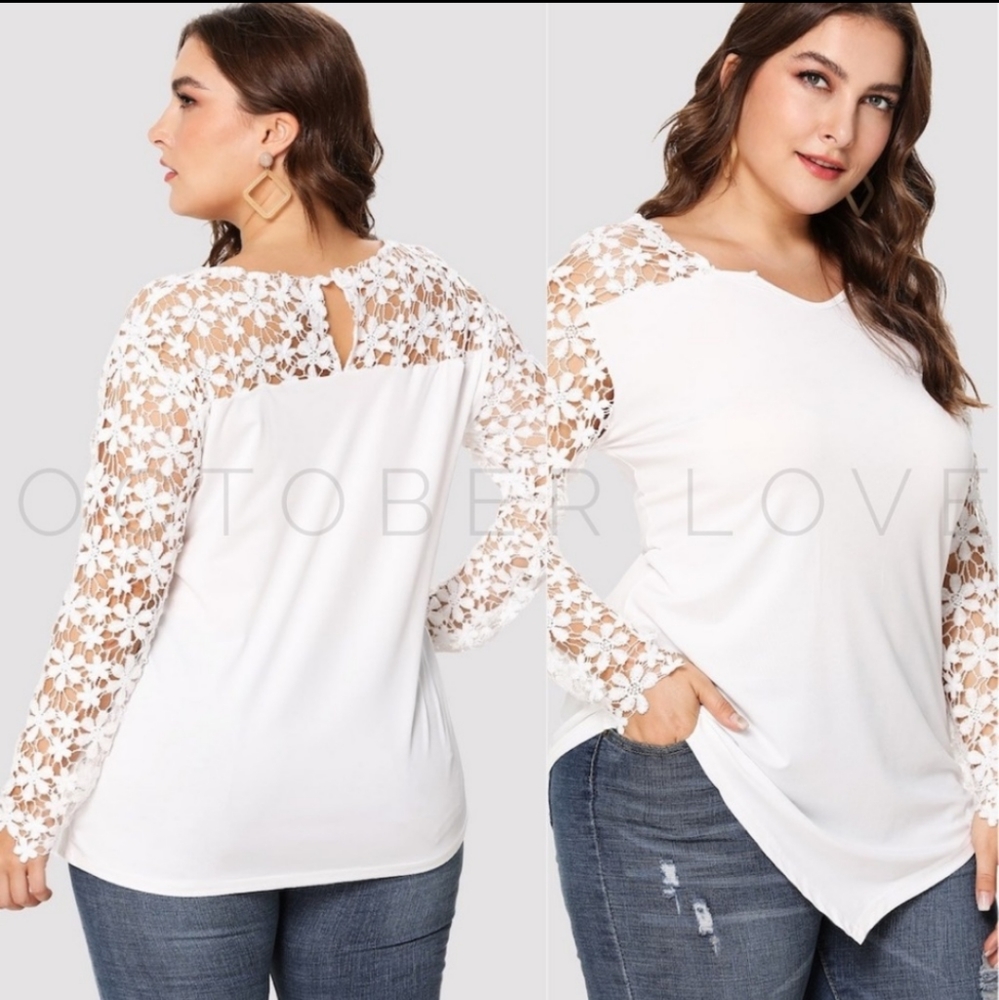 White Floral Lace Long Sleeved Blouse Plus Size